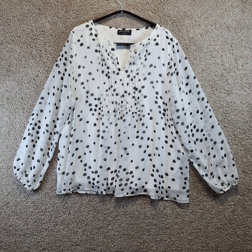 Lane Bryant Blouse Women 20 White Polka Dot Pleated Chiffon‎ Work Wear Classy